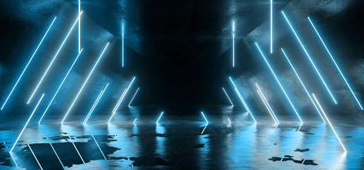 Neon Lines Tube Lights Futuristic Sci Fi Glowing Blue Vibrant Laser Beams Showroom Wet Concrete Dark Empty Background Tunnel Corridor Hall Spaceship Virtual 3D Rendering