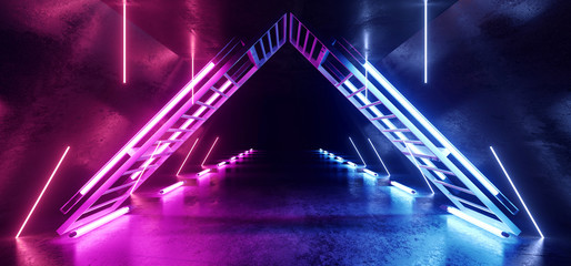 Fototapeta na wymiar Neon Lines Tube Lights Futuristic Sci Fi Glowing Purple Blue Vibrant Laser Beams Showroom Concrete Dark Empty Background Tunnel Corridor Hall Spaceship Virtual 3D Rendering