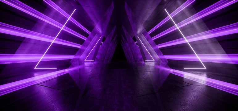 Neon Glowing Futuristic Sci Fi Dark Lights Purple Violet Futuristic Triangle Columns Concrete Grunge Empty Spaceship Tunnel Room Virtual Cyber Laser Beam 3D Rendering © IM_VISUALS