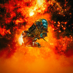 Fire in the sky / 3D illustration of science fiction scene with heavy armoured battle cruiser spaceship flying in fiery galaxy © grandeduc