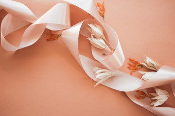 Feminine wedding desktop mockup with dry wildflowers and satin ribbon on coral background