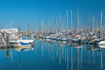 Beautiful seascape with white yachts on sunny day