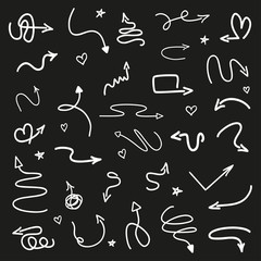 Infographic elements on isolated black background. Hand drawn wavy arrows. Set of different pointers. Black and white illustration