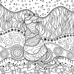 Ornate cat on pattern. Hand drawn abstract patterns on isolation background. Design for spiritual relaxation for adults. Black and white illustration for anti stress colouring page
