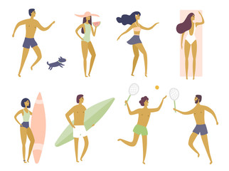 Obraz na płótnie Canvas Summer holiday. People having fun on the beach. People dancing, play in the tennis, run with dog, sunbathe, relaxing. Surfer girl and boy. Isolated vector cartoon illustrations. Funny characters