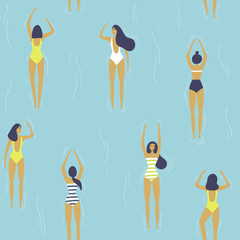 Girls swimming pattern. Summer seamless background. Summertime vector illustration. Flat design. Young women swimming and have good time.