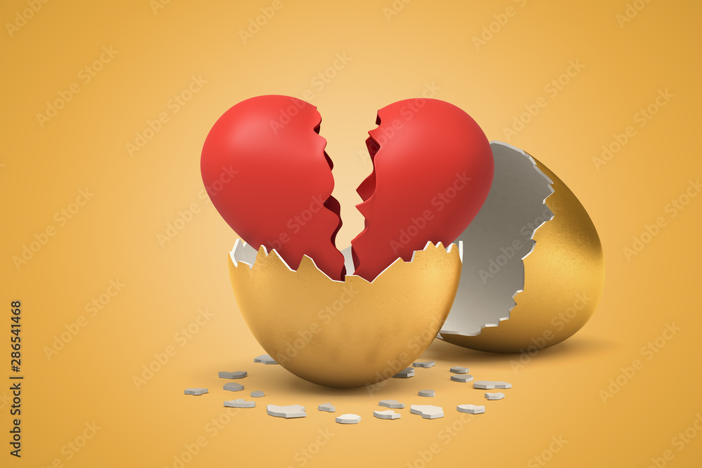 Poster 3d rendering of red broken valentine heart that just hatched out from golden egg.