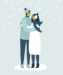 Happy couple on a date. Winter time Creative characters in love. Lovers embrace. Vector cartoon illustration for card, postcard, banner and poster.