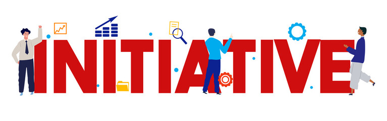 initiative word large text with employee worker working on business. vector illustration