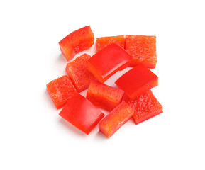 Slices of ripe red bell pepper on white background