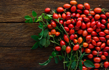 rosehip branches with red dog rose fruits on a brown wooden table