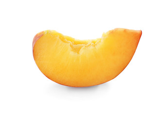 Slice of sweet juicy peach on white background