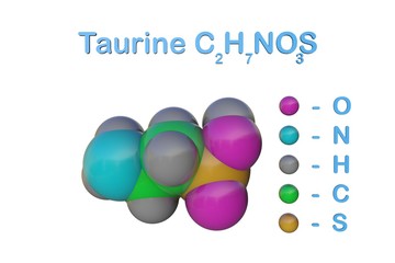Structural chemical formula and space-filling molecular model of taurine, conditionally essential amino acid. Medical background. Scientific background. 3d illustration