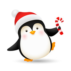 Cheerful baby penguin dancing with candy cane. Cute character in Santa hat celebrating Xmas. Christmas concept. Realistic vector illustration for winter holidays, party, festive event