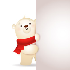 Cute Xmas bear peeking out from blank vertical banner. Cartoon character, copy space, red scarf. Christmas concept. Realistic vector illustration for greeting cards, festive banner and poster design