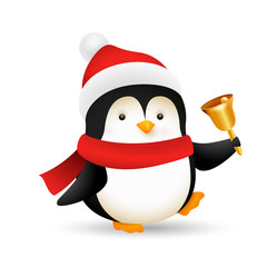 Funny baby penguin ringing bell. Cute character wearing Christmas hat and scarf. Christmas concept. Realistic vector illustration for winter holidays, party, festive event