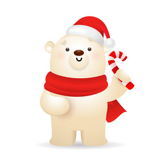 Funny polar bear wishing Merry Christmas. Cartoon character in Santa hat holding candy cane. Christmas concept. Realistic vector illustration for greeting cards, festive banner and poster design
