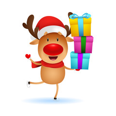 Funny reindeer carrying gifts. Cute deer holding boxes and skating. Christmas concept. Realistic vector illustration for winter holidays, presents, festive event