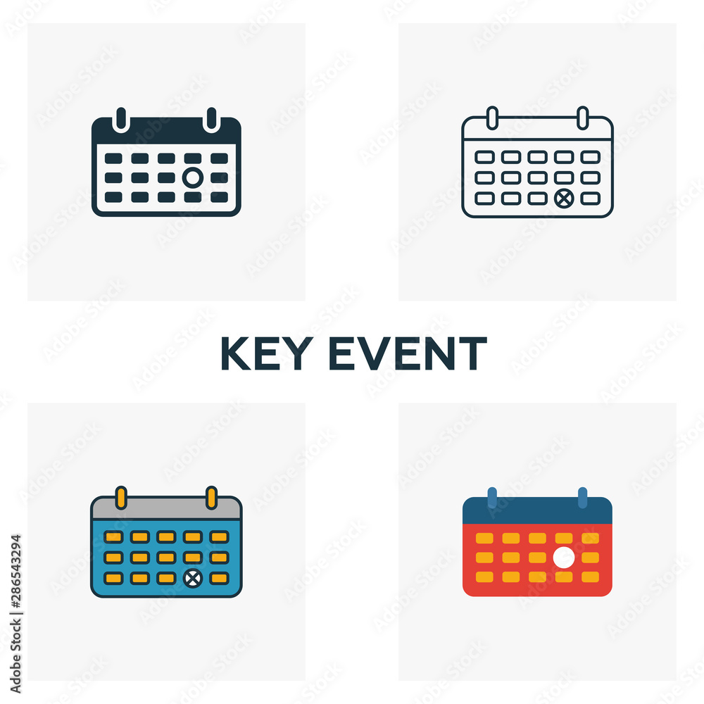 Poster key event icon set. four elements in diferent styles from business management icons collection. crea