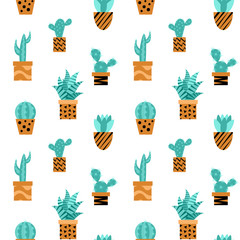 Seamless pattern with flat succulents in pots