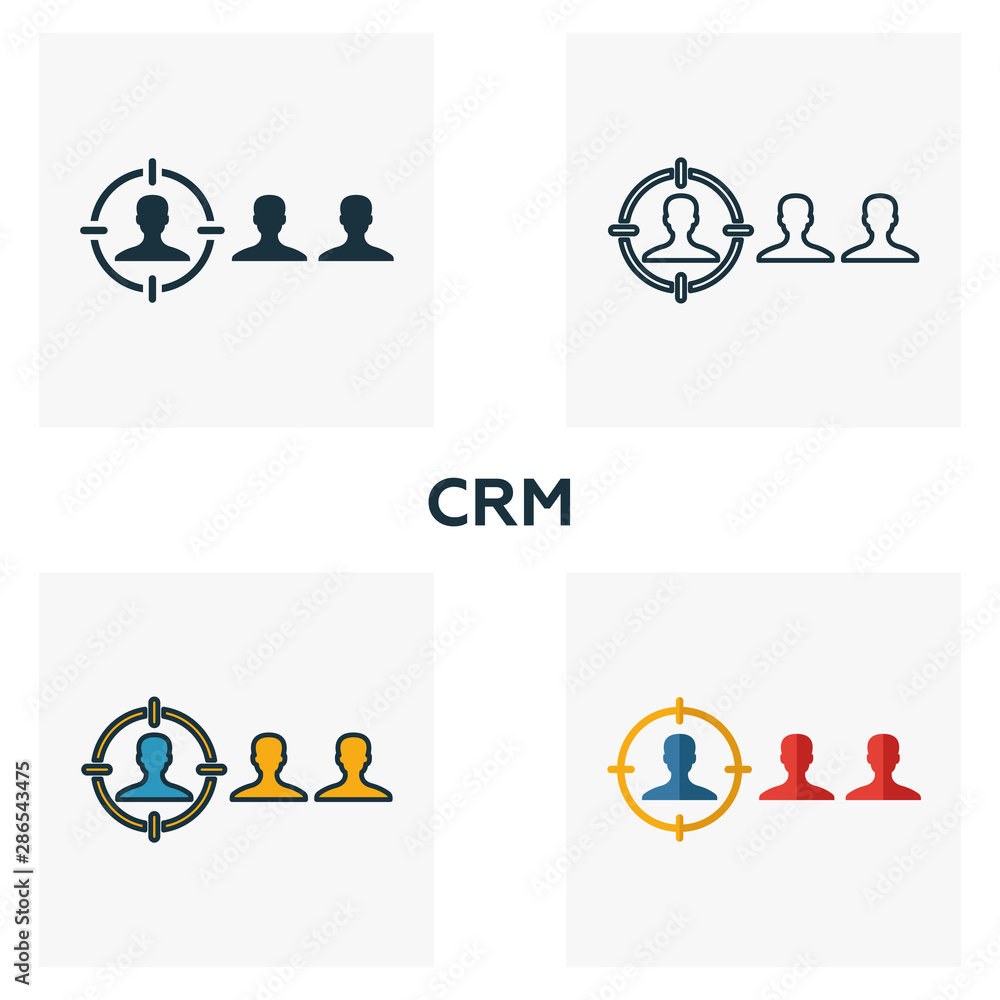 Poster crm icon set. four elements in diferent styles from business management icons collection. creative c