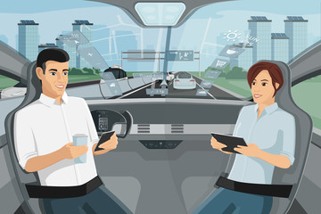 Man and woman in autonomous self driving car. Vector illustration	