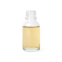 Glass bottle of essential oil on white background