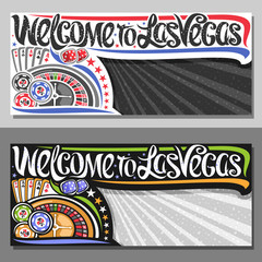 Vector vouchers for Las Vegas with copy space, decorative sign board with illustration of four kind aces and roulette wheel, creative script for words welcome to las vegas on rays of light background. © mihmihmal