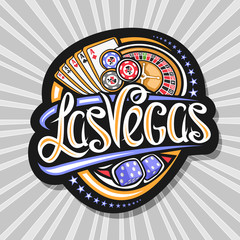 Vector logo for Las Vegas, dark decorative tag with illustration of four kind aces and roulette, sign board with original lettering for words las vegas and blue dice cubes on gray abstract background. © mihmihmal