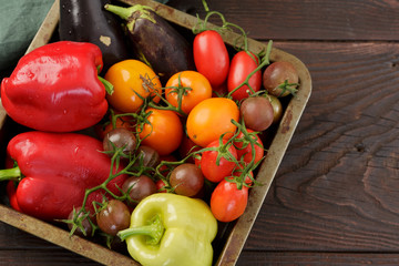 Micro farming harvest on the wooden table. Tomato, black cgerry, sweet pepper, eggplant. Top view.