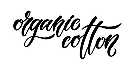 Organic cotton. Minimalistic brush hand lettering design. Isolated black and white script text for fashion industry.