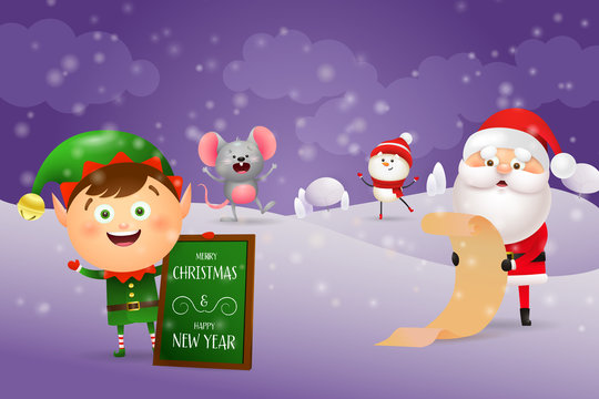 Elf presenting Christmas poster. Santa reading letter while snowman and mouse dancing on purple background. Lettering can be used for invitation, giftcard, brochure