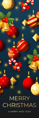 Horizontal banner for Christmas and New Year. Holiday design with beautiful baubles on shining blue background. Lettering can be used for greeting card, poster, leaflet