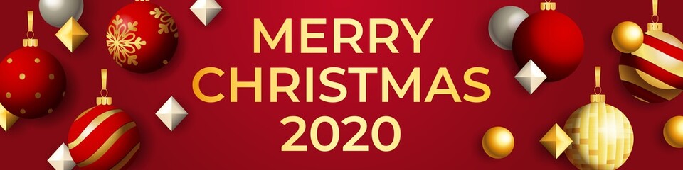 Merry Christmas banner design on red background. Beautiful decorations. Lettering can be used for greeting card, poster, leaflet