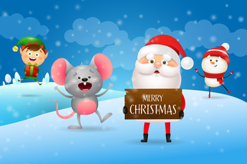 Merry Christmas banner with Santa and cartoon characters on blue snowy background. Lettering can be used for invitation, placard, brochure