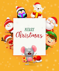 Merry Christmas lettering. Holiday banner designer in frame with happy mouse and other characters. Handwritten text can be used for greeting card, poster, leaflet