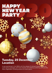 New Year party placard. Holiday party banner with snowflakes and baubles on red background. Handwritten text can be used for greeting card, poster, leaflet