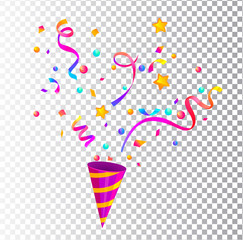 Party cracker with confetti,serpentine sparkles for congratulations,celebration new year,birthday,anniversary,greetings,evening parties.Fun exploding template isolated on transparent background.Vector