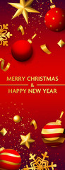 Merry Christmas and Happy New Year lettering with baubles. New Year Day greeting card. Typed text, calligraphy. For leaflets, brochures, invitations, posters or banners.