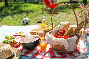 Different products for summer picnic served on checkered blanket outdoors
