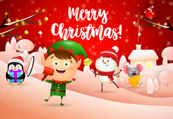 Merry Christmas lettering, elf with megaphone, snowman, mouse. Christmas greeting card. Handwritten text, calligraphy. For leaflets, brochures, invitations, posters or banners.