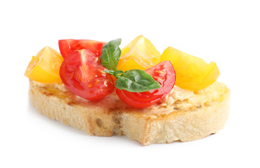 Delicious tomato bruschetta on white background. Traditional Italian antipasto
