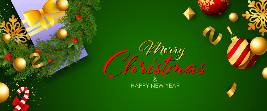 Merry Christmas festal banner. Design with Christmas balls, swirl elements on green background. Lettering can be used for greeting cards, posters, leaflets