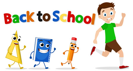 Schoolboy runs away from a pencil, a book, and a ruler on a white. Back to school.
