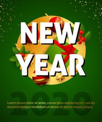New Year 2020 festive poster. Design with Christmas balls, swirl elements on green background. Lettering can be used for greeting cards, posters, leaflets