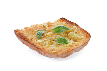 Slice of toasted bread with garlic and herb on white background