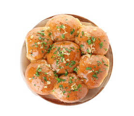 Traditional Ukrainian garlic bread (Pampushky) on white background, top view