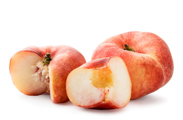 Flat peaches and piece on a white background. Isolated