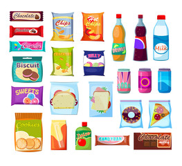 Snack packet set. Bottle, drink, can, sandwich, biscuit. Food concept. Vector illustrations can be used for topics like lunch, plastic pack, product