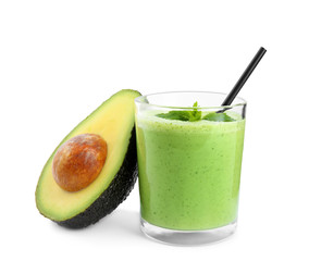 Glass of tasty smoothie with mint and avocado on white background